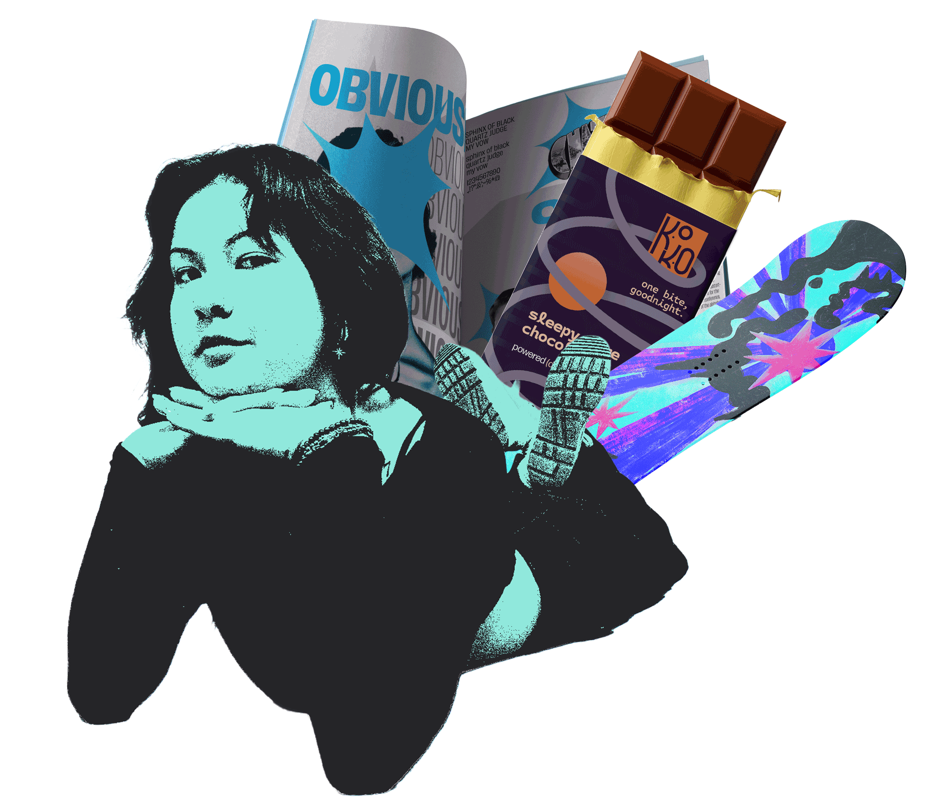 Stylized photo of Sarah with some of her work displayed floating behind her.